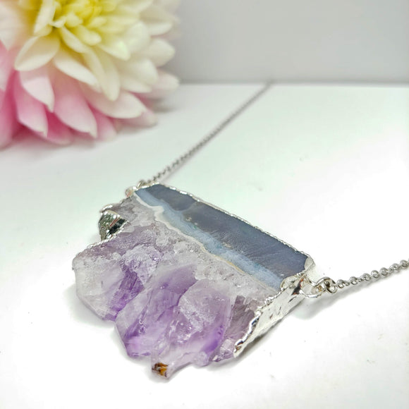 Natural Druzy Amethyst Pendant with Silver Brass on 28 Inch Chain. - Ameli Jewellery Studio