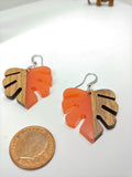 Wood and Resin Peach Opaque Monstera Leaf Earrings - Ameli Jewellery Studio