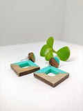 Wood and Turquoise Resin Rhombus Pendant Stud Dangle Earrings - Ameli Jewellery Studio