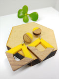 Wood and Yellow Resin Rhombus Stud Dangle Earrings - Ameli Jewellery Studio