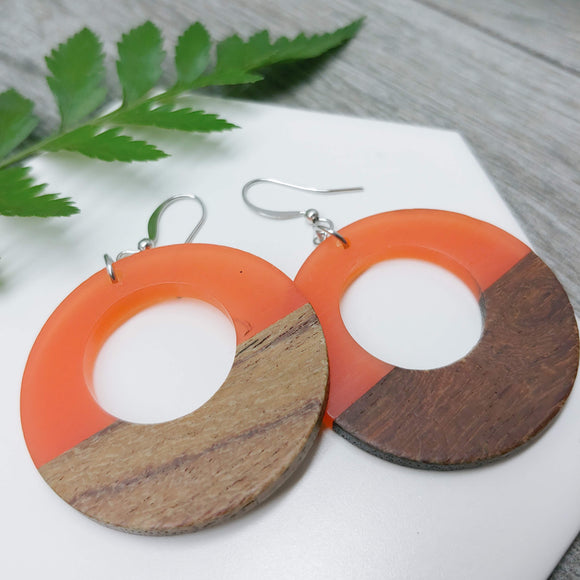 Wood and Tangerine Resin Colourful Hoop Earrings - Ameli Jewellery Studio