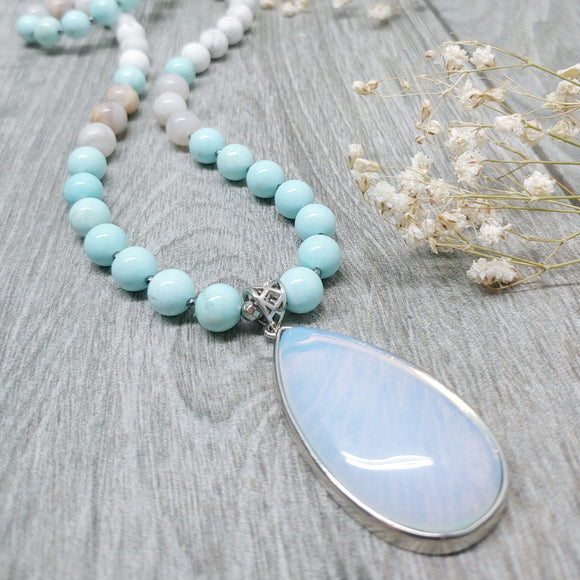 Mala Style Turquoise, Crazy White Agate with Opalite Pendant 29.5