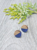 Wood and Navy Resin Colourful Stud Earrings - Round