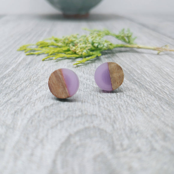 Wood and Lilac Resin Colourful Stud Earrings - Round