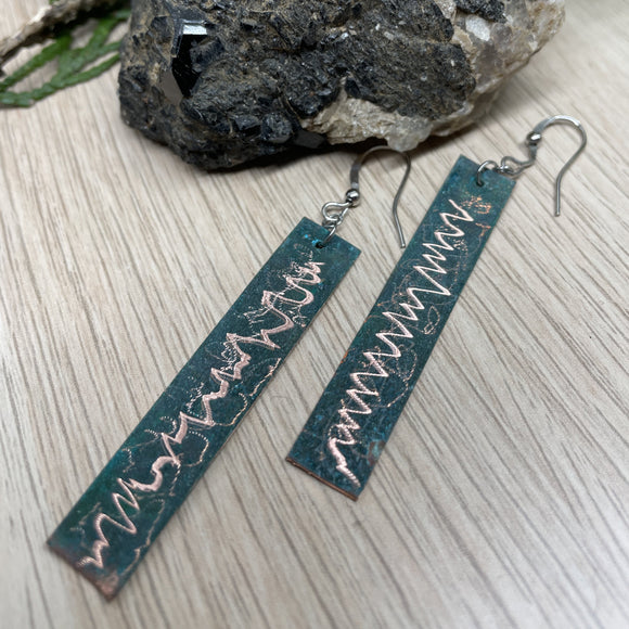 Abstract Patterned Copper Patina (Vertigris) Dangle Drop Earrings