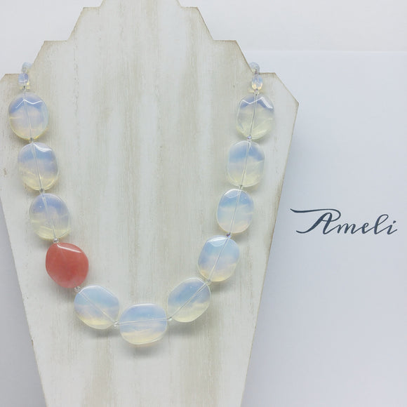 Opalite with Cherry Quartz Accent Matinee Gemstone Necklace - Ameli Jewellery Studio