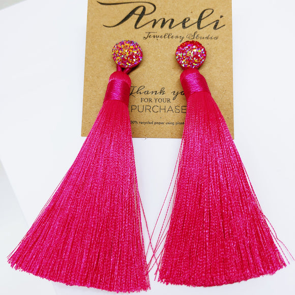 Tassel Earrings with Resin Druzy Effect Studs (Hot Pink) - Ameli Jewellery Studio