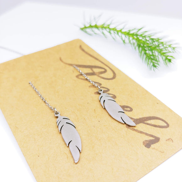 Dangle Pull Through Chain with Feather  Stainless Steel (Threader Earrings) - Ameli Jewellery Studio