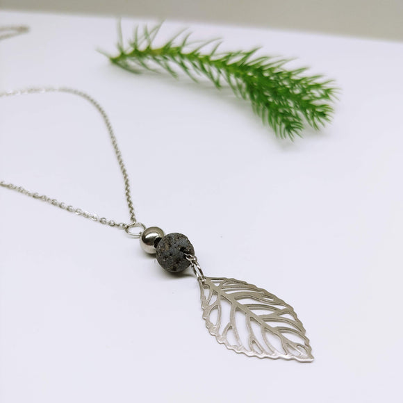 Leaf Lava Rock Diffuser Lariat Stainless Steel 18 Inch Necklace - Ameli Jewellery Studio
