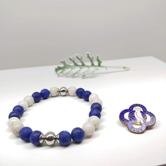 Sheffield Wednesday Football Club Bracelet-Lapis Lazuli, Crazy White Agate Stripes, Stainless Steel - Ameli Jewellery Studio