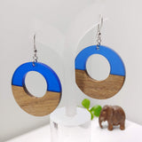 Wood and Navy Blue Resin Colourful Hoop Earrings - Ameli Jewellery Studio
