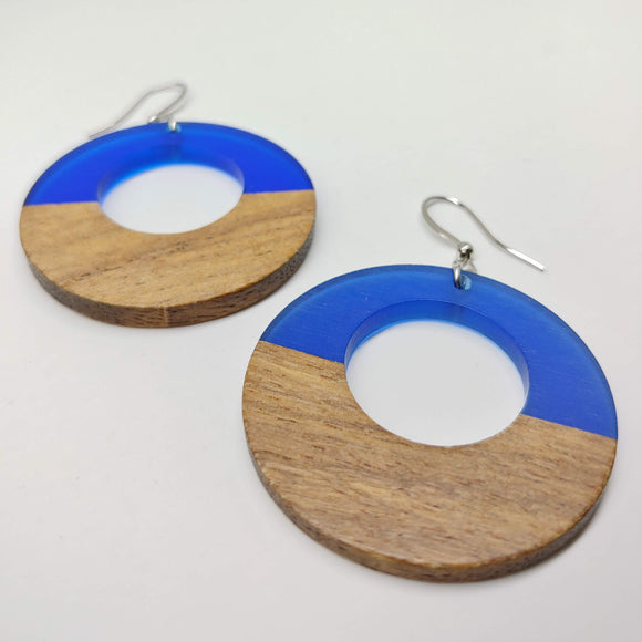 Wood and Navy Blue Resin Colourful Hoop Earrings - Ameli Jewellery Studio