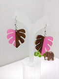 Wood and Resin Pink Opaque Monstera Leaf Earrings - Ameli Jewellery Studio