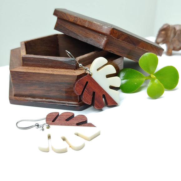 Wood and Resin Ivory Monstera Leaf Earrings - Ameli Jewellery Studio