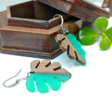 Wood and Resin Turquoise Monstera Leaf Earrings - Ameli Jewellery Studio