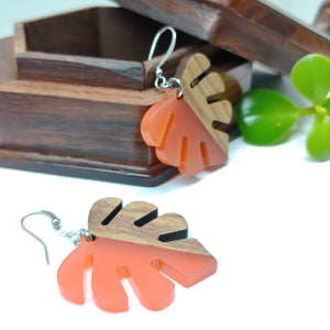 Wood and Resin Peach Opaque Monstera Leaf Earrings - Ameli Jewellery Studio