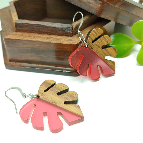 Wood and Resin Transparent Pink Monstera Leaf Earrings - Ameli Jewellery Studio