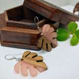 Wood and Resin Pale Pink Opaque Monstera Leaf Earrings - Ameli Jewellery Studio