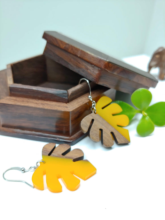 Wood and Resin Yellow Monstera Leaf Earrings - Ameli Jewellery Studio