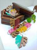 Wood and Resin Turquoise Monstera Leaf Earrings - Ameli Jewellery Studio
