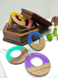 Wood and Turquoise Resin Colourful Hoop Earrings - Ameli Jewellery Studio