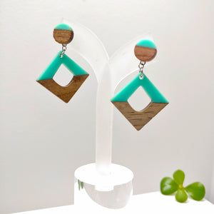 Wood and Turquoise Resin Rhombus Pendant Stud Dangle Earrings - Ameli Jewellery Studio
