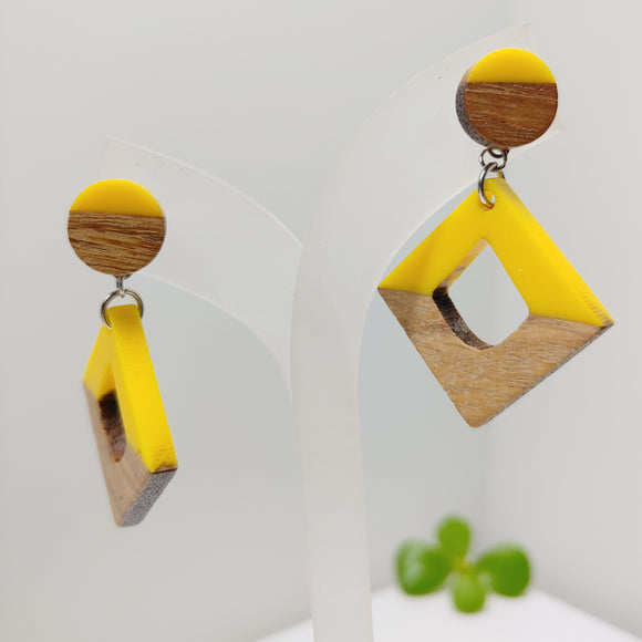 Wood and Yellow Resin Rhombus Stud Dangle Earrings - Ameli Jewellery Studio