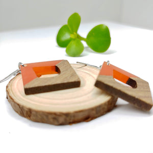 Wood and Peach Resin Rhombus Dangle Earrings - Ameli Jewellery Studio