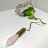 Rose Quartz Gemstone in Bullet Casing Pendant Necklace on 27.5 Inch Chain. - Ameli Jewellery Studio