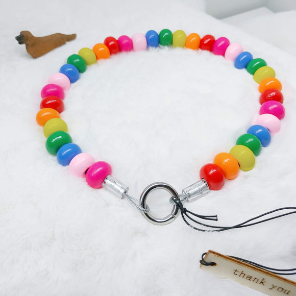 Bright Rainbow Wooden Walking Dog Collar (16.5 inches) in All Natural Wood Beads -Doggie Stylz - Ameli Jewellery Studio