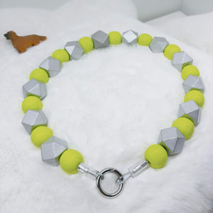 Bright Green and Silver Walking Dog Collar (19 inches) in All Natural Wood Beads -Doggie Stylz - Ameli Jewellery Studio