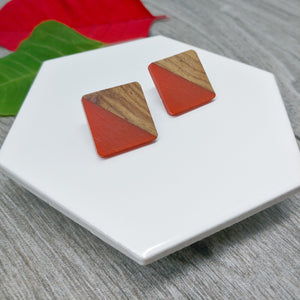 Wood and Red Resin Colourful Studs - Square 20 mm x 20 mm - Ameli Jewellery Studio