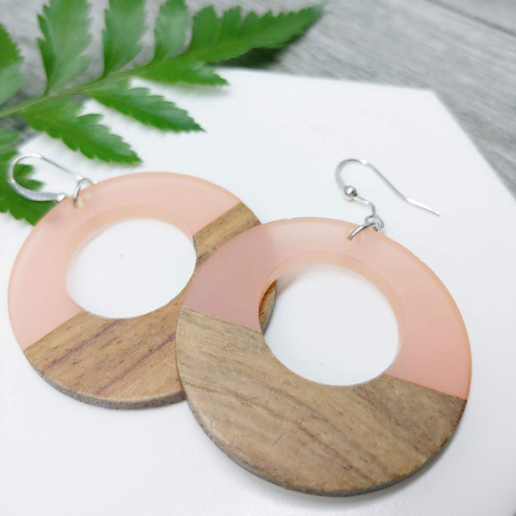 Wood and Pale Pink Resin Colourful Hoop Earrings - Ameli Jewellery Studio