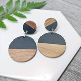 Wood and Black Resin Circle Dangle Earrings