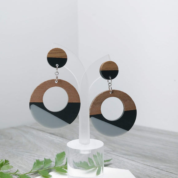 Wood and Black Grey Resin Hoop Dangle Earrings - Ameli Jewellery Studio