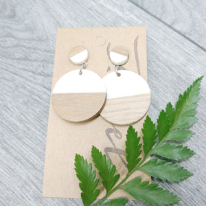 Wood and White Resin Circle Dangle Earrings - Ameli Jewellery Studio