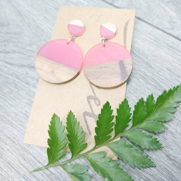 Wood and Pink Resin Circle Dangle Earrings - Ameli Jewellery Studio