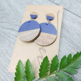 Wood and Navy Blue Resin Circle Dangle Earrings - Ameli Jewellery Studio