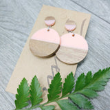 Wood and Pale Pink Resin Circle Dangle Earrings - Ameli Jewellery Studio