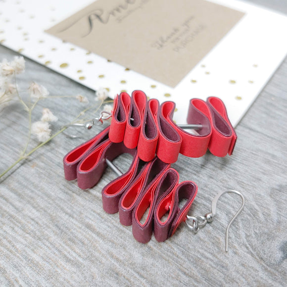 Quilled Paper Dangle Earrings (Red and Maroon Squiggle) - Ameli Jewellery Studio