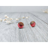 Wood and Clear Hot Pink Resin Colourful Stud Earrings - Round