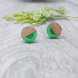 Wood and Leaf Green Resin Colourful Stud Earrings - Round