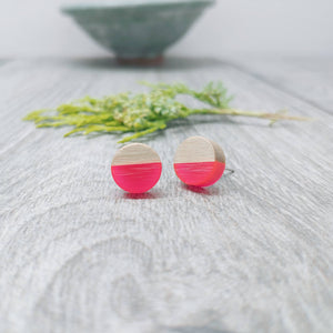 Wood and Hot Pink Resin Colourful Stud Earrings - Round, [Product_type] - Ameli Jewellery Studio