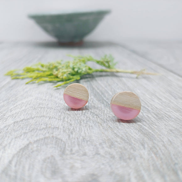 Wood and Pale Pink Opaque Resin Colourful Stud Earrings - Round, [Product_type] - Ameli Jewellery Studio