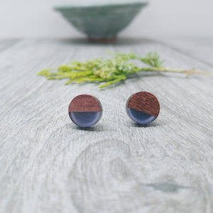 Wood and Violet Resin Colourful Stud Earrings - Round