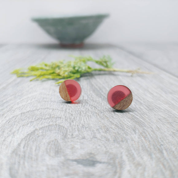 Wood and Clear Hot Pink Resin Colourful Stud Earrings - Round