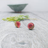Wood and Pale Pink Transprent Resin Colourful Stud Earrings - Round