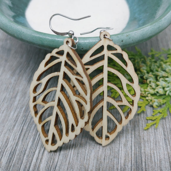 Wooden Leaf Earrings - Dangle Wood Leaf Vein