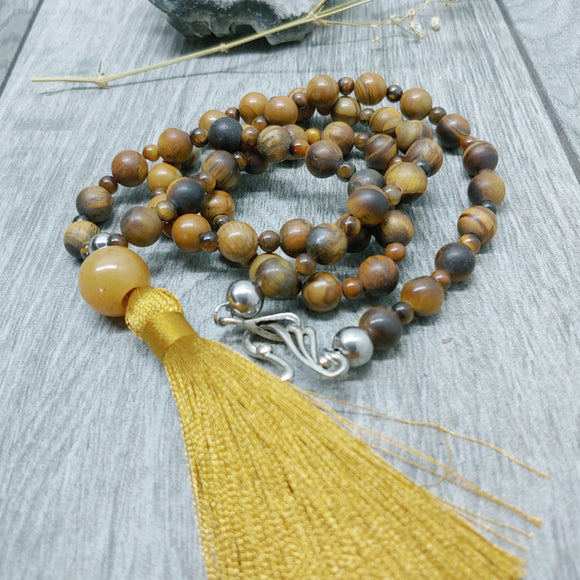 Mala Style Tigers Eye and Picture Jasper With Tassel 29.5