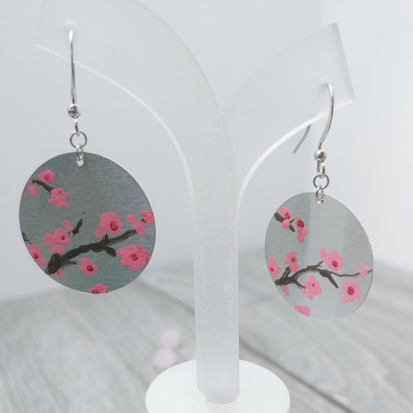 Hand Painted Cherry Blossom on Aluminium Earrings (Double Sided)